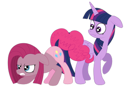 Size: 2592x1936 | Tagged: safe, artist:squipycheetah, character:pinkamena diane pie, character:pinkie pie, character:twilight sparkle, character:twilight sparkle (alicorn), species:alicorn, species:pony, ship:twinkie, angry, crouching, female, floppy ears, folded wings, gritted teeth, lesbian, protecting, raised hoof, shipping, simple background, story included, surprised, teeth, transformation, transparent background, vector, watermark, wide eyes, yandere, yandere pie