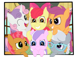 Size: 2592x1936 | Tagged: safe, artist:squipycheetah, character:apple bloom, character:babs seed, character:diamond tiara, character:scootaloo, character:silver spoon, character:sweetie belle, species:pegasus, species:pony, episode:crusaders of the lost mark, g4, my little pony: friendship is magic, adorababs, adorabloom, breaking the fourth wall, clubhouse, crusaderbetes, crusaders clubhouse, cute, cutealoo, cutie mark crusaders, diamondbetes, diasweetes, fourth wall, happy, looking at you, looking up, missing accessory, one eye closed, open mouth, picture, picture frame, raised hoof, reformed, silverbetes, simple background, smiling, spread wings, teeth, transparent background, vector, waving, wings, wink