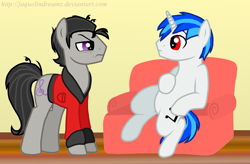 Size: 2043x1338 | Tagged: safe, artist:jaquelindreamz, character:dj pon-3, character:octavia melody, character:vinyl scratch, bathrobe, bed mane, chair, clothing, duo, duo male, male, octavius, otto octavius, record scrape, robe, rule 63