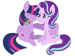 Size: 2592x1936 | Tagged: safe, artist:squipycheetah, character:smarty pants, character:starlight glimmer, character:twilight sparkle, character:twilight sparkle (alicorn), species:alicorn, species:pony, species:unicorn, ship:twistarlight, episode:lesson zero, g4, my little pony: friendship is magic, cuddling, cute, doll, eyes closed, female, fixed, folded wings, friendshipping, glimmerbetes, happy, hug, lesbian, shipping, simple background, sitting, smiling, snuggling, spread wings, story included, toy, transparent background, twiabetes, twilight's counterparts, vector, winghug, wings