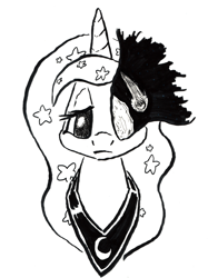Size: 744x993 | Tagged: safe, artist:shoeunit, character:princess luna, black and white, bust, female, grayscale, ink, lidded eyes, melancholy, monochrome, portrait, solo, traditional art