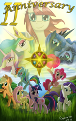 Size: 1500x2383 | Tagged: safe, artist:bonaxor, character:applejack, character:fluttershy, character:nightmare moon, character:pinkie pie, character:princess cadance, character:princess celestia, character:princess luna, character:rainbow dash, character:rarity, character:twilight sparkle, oc, oc:fausticorn, anniversary, happy birthday mlp:fim, lauren faust, mlp fim's second anniversary
