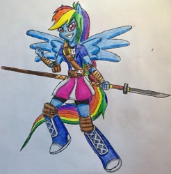 Size: 2081x2119 | Tagged: safe, artist:bozzerkazooers, character:rainbow dash, my little pony:equestria girls, boots, clothing, compression shorts, female, naginata, ponied up, shorts, skirt, solo, traditional art, weapon