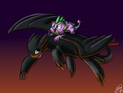 Size: 1200x900 | Tagged: safe, artist:xxmarkingxx, character:spike, species:dragon, crossover, dragons riding dragons, duo, flying, how to train your dragon, male, night fury, riding, toothless the dragon, twilight (astronomy)