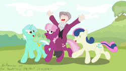 Size: 1280x720 | Tagged: safe, artist:mrponiator, character:bon bon, character:cheerilee, character:lyra heartstrings, character:sweetie drops, species:human, ace attorney, crossover, humans riding ponies, miles edgeworth, riding, turnabout storm