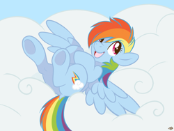 Size: 1024x768 | Tagged: safe, artist:fizzy-dog, character:rainbow dash, species:pegasus, species:pony, cloud, cloudy, cute, dashabetes, female, happy, looking at you, on a cloud, on back, smiling, solo, spread wings, underhoof, wings