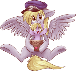 Size: 666x623 | Tagged: safe, artist:fizzy-dog, character:derpy hooves, character:dinky hooves, species:pegasus, species:pony, clothing, cute, derpabetes, dinkabetes, equestria's best mother, female, filly, hat, heart, looking at you, mail, mare, open mouth, package, simple background, sitting, transparent background