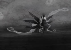 Size: 1000x704 | Tagged: safe, artist:cosmicunicorn, oc, oc only, species:alicorn, species:pony, alicorn oc, black and white, crown, grayscale, jewelry, monochrome, multiple eyes, multiple wings, regalia, seraph, seraphicorn, solo