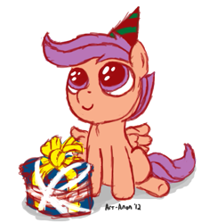Size: 453x502 | Tagged: safe, artist:aa, character:apple bloom, character:scootaloo, character:sweetie belle, species:pegasus, species:pony, birthday, cute, cutie mark crusaders, filly, present
