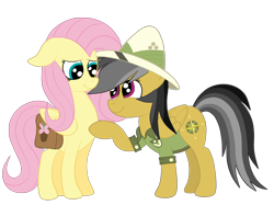 Size: 2592x1936 | Tagged: safe, artist:squipycheetah, character:a.k. yearling, character:daring do, character:fluttershy, species:pony, clothing, cute, daringshy, female, floppy ears, friendshipping, happy, lesbian, looking down, looking up, mare, raised hoof, reassurance, saddle bag, shipping, shyabetes, simple background, smiling, transparent background, vector