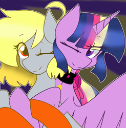 Size: 1024x1041 | Tagged: safe, artist:cubbybatdoodles, character:derpy hooves, character:twilight sparkle, character:twilight sparkle (alicorn), species:alicorn, species:pony, ship:twerpy, female, hug, lesbian, mare, one eye closed, shipping, wink