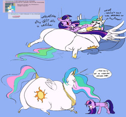 Size: 825x768 | Tagged: safe, artist:ross irving, character:princess celestia, character:twilight sparkle, character:twilight sparkle (unicorn), species:alicorn, species:pony, species:unicorn, ship:twilestia, blushing, colored sketch, fat, female, impossibly large butt, lesbian, mare, plot, shipping