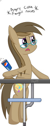 Size: 1000x2500 | Tagged: safe, artist:joey, oc, oc only, oc:dawnsong, species:earth pony, species:pony, angry, bipedal, descriptive noise, female, frown, glare, glasses, mare, open mouth, pepsi, soda, solo