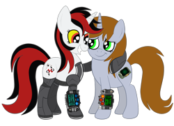 Size: 1936x1400 | Tagged: safe, artist:squipycheetah, oc, oc only, oc:blackjack, oc:littlepip, species:pony, species:unicorn, fallout equestria, fallout equestria: project horizons, amputee, cute, cutie mark, cyborg, fallout, female, happy, height difference, hug, jaundice, level 2 (project horizons), looking down, looking up, mare, missing accessory, pipboy, pipbuck, prosthetics, shipping, simple background, smiling, teeth, transparent background, vector
