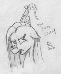 Size: 921x1111 | Tagged: safe, artist:mane-shaker, character:pinkamena diane pie, character:pinkie pie, clothing, female, hat, monochrome, party hat, solo, traditional art