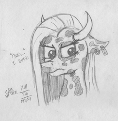 Size: 1144x1175 | Tagged: safe, artist:mane-shaker, character:pinkamena diane pie, character:pinkie pie, species:cow, cowified, female, horns, monochrome, pincow pie, solo, species swap, traditional art