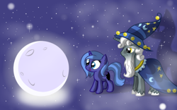 Size: 1600x1000 | Tagged: safe, artist:theroyalprincesses, character:princess luna, character:star swirl the bearded, filly, moon, no more ponies at source, stars, woona