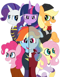Size: 1736x2236 | Tagged: safe, artist:squipycheetah, character:applejack, character:fluttershy, character:pinkie pie, character:rainbow dash, character:rarity, character:twilight sparkle, character:twilight sparkle (alicorn), species:alicorn, species:pony, abbé faria, accessory swap, alternate color palette, alternate hairstyle, alternate timeline, alternate universe, betrayal, bow tie, clothing, crossed arms, crossed hooves, crossover, cute, danglajacks, danglars, dress, evil, evil grin, female, floppy ears, fluttercedes, folded wings, freckles, gritted teeth, hair tie, happy, looking at you, looking back, looking up, mane six, mare, missing accessory, monsparkle, open mouth, piercing, pinkie faria, prison outfit, rainbow dantes, raised hoof, rarifort, revenge, sailor hat, sailor uniform, scarf, shadowbolts, shycedes, simple background, smiling, smirk, spread wings, suit, the count of monte cristo, the count of monte rainbow, transparent background, two sides, vector, vest, villefort, wings
