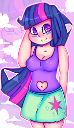 Size: 2160x3723 | Tagged: safe, artist:amybun, artist:bunxl, character:twilight sparkle, my little pony:equestria girls, belly button, clothing, female, human coloration, navel cutout, one-piece swimsuit, skirt, solo, swimsuit