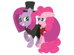 Size: 2592x1936 | Tagged: safe, artist:squipycheetah, character:pinkamena diane pie, character:pinkie pie, species:pony, adorabolical, alternate eye color, cape, clothing, cute, cuteamena, dr jekyll and mr hyde, dr pinkie, dr pinkie and miss pie, evil, evil grin, female, floppy ears, frown, happy, hat, lesbian, looking back, looking up, mare, miss mena, miss pie, miss pinkamena, pinkiemena, ponidox, possessive, scarf, self paradox, self ponidox, selfcest, shipping, simple background, sitting, standing, tail hold, tail hug, tail wrap, teeth, top hat, transparent background, vector, vest