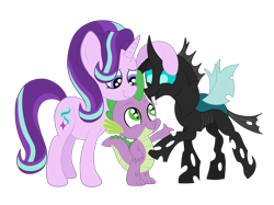 Size: 2592x1936 | Tagged: safe, artist:squipycheetah, character:spike, character:starlight glimmer, character:thorax, species:changeling, species:dragon, species:pony, species:unicorn, episode:the times they are a changeling, g4, my little pony: friendship is magic, cute, fangs, female, floppy ears, forgiveness, friendshipping, glimmerbetes, happy, hug, looking down, looking up, male, mare, raised hoof, simple background, smiling, spikelove, standing, thorabetes, transparent background, trio, vector
