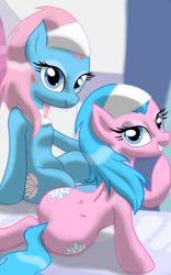 Size: 1200x1920 | Tagged: safe, artist:theroyalprincesses, character:aloe, character:lotus blossom, species:earth pony, species:pony, both cutie marks, curvy, cute, dimples of venus, duo, female, hips, looking at you, mare, plot, sitting, smiling, spa twins, sultry pose