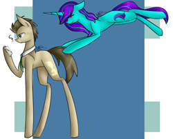 Size: 1261x1017 | Tagged: safe, artist:sweetmelon556, character:doctor whooves, character:time turner, oc, oc:aqua splash, species:pony, species:unicorn, incoming hug, long legs, pounce