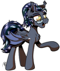 Size: 3371x3986 | Tagged: safe, artist:gray--day, patreon reward, oc, oc only, oc:jynxx, species:bat pony, species:pony, bat pony oc, fangs, glasses, open mouth, patreon, raised hoof, signature, simple background, solo, transparent background