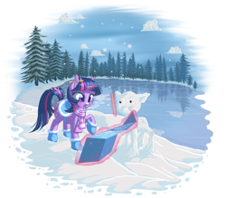 Size: 1340x1173 | Tagged: safe, artist:kittehkatbar, character:twilight sparkle, character:twilight sparkle (unicorn), species:pony, species:unicorn, blue prints, blueprint, boots, clothing, female, lake, magic, measuring, saddle, scarf, simple background, snow, snowfall, snowpony, solo, transparent background, water, winter