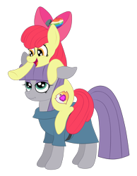 Size: 1736x2236 | Tagged: safe, artist:squipycheetah, character:apple bloom, character:boulder, character:maud pie, episode:hearthbreakers, g4, my little pony: friendship is magic, adorabloom, alternate cutie mark, apple, apple bloom's bow, belt, clothing, cute, cutie mark, dress, eyeshadow, female, floppy ears, food, friendship, friendshipping, hanging, happy, holding, holding on, lesbian, looking down, looking up, makeup, maudabetes, maudbloom, open mouth, pointing, ponies riding ponies, rock, shipping, simple background, sitting, smiling, standing, the cmc's cutie marks, transparent background, underhoof, vector, when she smiles, zap apple