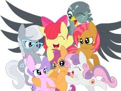 Size: 2592x1936 | Tagged: safe, artist:squipycheetah, character:apple bloom, character:babs seed, character:diamond tiara, character:gabby, character:scootaloo, character:silver spoon, character:sweetie belle, species:earth pony, species:griffon, species:pegasus, species:pony, species:unicorn, episode:bloom and gloom, episode:the fault in our cutie marks, g4, my little pony: friendship is magic, adorababs, adorabloom, cute, cutealoo, cutie mark, cutie mark crusaders, diamondbetes, diasweetes, eyes closed, gabbybetes, happy, hug, looking at you, looking down, missing accessory, one eye closed, open mouth, raised hoof, silverbetes, simple background, smiling, spread wings, the cmc's cutie marks, transparent background, vector, wings