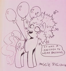 Size: 2430x2626 | Tagged: safe, artist:mushroomcookiebear, character:pinkie pie, balloon, dialogue, female, frizzy hair, monochrome, smiling, solo, static electricity, traditional art