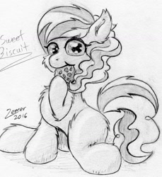 Size: 1422x1554 | Tagged: safe, artist:zemer, character:sweet biscuit, adorabiscuit, cookie, cute, female, fluffy, food, missing horn, monochrome, nom, solo, traditional art