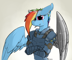 Size: 1088x909 | Tagged: safe, artist:sinrar, character:rainbow dash, species:anthro, episode:the cutie re-mark, alternate timeline, amputee, apocalypse dash, armor, augmented, crossed arms, crystal war timeline, prosthetic limb, prosthetic wing, prosthetics, scar, smoking