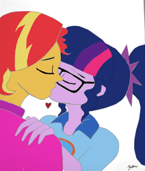 Size: 2988x3528 | Tagged: safe, artist:missmayaleanne, character:sunset shimmer, character:twilight sparkle, character:twilight sparkle (scitwi), species:eqg human, ship:scitwishimmer, ship:sunsetsparkle, equestria girls:legend of everfree, g4, my little pony: equestria girls, my little pony:equestria girls, 1000 hours in gimp, eyes closed, female, glasses, heart, kissing, lesbian, ponytail, shipping