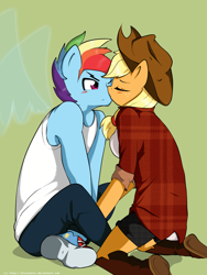 Size: 1536x2048 | Tagged: safe, artist:nolycs, character:applejack, character:rainbow dash, species:anthro, ship:appledash, appleblitz (straight), blushing, clothing, female, half r63 shipping, jeans, kissing, male, pants, plaid shirt, rainbow blitz, rule 63, shipping, shorts, sneakers, straight, transparent wings, vest