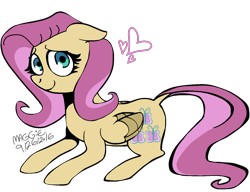 Size: 1300x1000 | Tagged: safe, artist:mushroomcookiebear, derpibooru original, character:fluttershy, female, flat colors, floppy ears, folded wings, heart, looking at you, prone, simple background, solo, transparent background