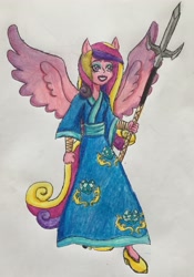 Size: 1845x2638 | Tagged: safe, artist:bozzerkazooers, character:dean cadance, character:princess cadance, my little pony:equestria girls, female, ninja, ponied up, solo, traditional art, trident