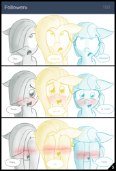 Size: 1280x1877 | Tagged: safe, artist:thealjavis, character:coco pommel, character:fluttershy, character:marble pie, ask the shy-tri, blushing, cocobetes, colored pupils, covering eyes, cute, dialogue, floppy ears, marblebetes, milestone, open mouth, shyabetes, simple background, speech bubble, the council of shy ponies, trio, tumblr, white background