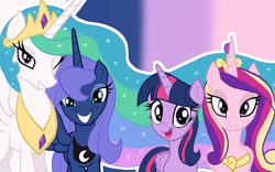 Size: 1280x800 | Tagged: safe, artist:ggalleonalliance, artist:theroyalprincesses, character:princess cadance, character:princess celestia, character:princess luna, character:twilight sparkle, character:twilight sparkle (alicorn), species:alicorn, species:pony, alicorn tetrarchy, collaboration, grin, looking at you, one eye closed, s1 luna, smiling, spread wings, wallpaper, wings, wink