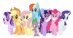Size: 3902x2043 | Tagged: safe, artist:squipycheetah, character:applejack, character:fluttershy, character:pinkie pie, character:rainbow dash, character:rarity, character:spike, character:starlight glimmer, character:twilight sparkle, character:twilight sparkle (alicorn), species:alicorn, species:dragon, species:earth pony, species:pegasus, species:pony, species:unicorn, cute, dashabetes, diapinkes, female, freckles, glimmerbetes, happy, jackabetes, looking at you, male, mane seven, mane six, mare, open mouth, raised hoof, raribetes, shyabetes, simple background, smiling, spread wings, transparent background, twiabetes, vector, wings