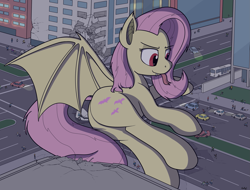 Size: 2305x1750 | Tagged: safe, artist:rapidstrike, part of a set, character:flutterbat, character:fluttershy, species:bat pony, species:human, species:pony, series:giant flutterbat, bus, car, city, destruction, flutterbutt, giant pony, grin, looking down, loss (meme), macro, night, part of a series, people, plot, red eyes, smiling, solo focus, titanic plot terror, tongue out, van, vehicle