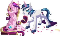 Size: 1516x918 | Tagged: safe, artist:kittehkatbar, character:princess cadance, character:shining armor, ship:shiningcadance, crying, female, male, marriage proposal, petals, shipping, simple background, straight, transparent background, wedding ring