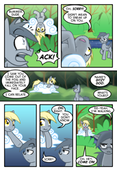 Size: 1950x2850 | Tagged: safe, artist:kazziepones, artist:zaron, character:derpy hooves, oc, oc:lonely hooves, species:pegasus, species:pony, comic:lonely hooves, :t, cloud, comic, dialogue, eye contact, female, forest, frown, glare, glasses, lidded eyes, looking at each other, looking back, male, mare, open mouth, pointing, prone, raised eyebrow, river, scrunchy face, speech bubble, stallion, surprised, unamused, upside down, walking, wide eyes