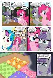 Size: 1024x1497 | Tagged: safe, artist:kazziepones, artist:zaron, character:dj pon-3, character:maud pie, character:pinkie pie, character:vinyl scratch, comic:lonely hooves, glasses
