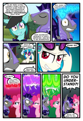 Size: 1024x1497 | Tagged: safe, artist:kazziepones, artist:zaron, character:dj pon-3, character:pinkie pie, character:vinyl scratch, oc, oc:crescent call, species:bat pony, species:pony, comic:lonely hooves, comic, glasses, night guard