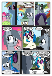 Size: 1024x1497 | Tagged: safe, artist:kazziepones, artist:zaron, character:dj pon-3, character:maud pie, character:pinkie pie, character:vinyl scratch, oc, oc:lonely hooves, comic:lonely hooves, :3, glasses, nuzzling
