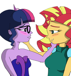 Size: 2988x3191 | Tagged: safe, artist:missmayaleanne, character:sunset shimmer, character:twilight sparkle, character:twilight sparkle (scitwi), species:eqg human, ship:scitwishimmer, ship:sunsetsparkle, equestria girls:legend of everfree, g4, my little pony: equestria girls, my little pony:equestria girls, 1000 hours in gimp, blushing, caress, clothing, crystal gala, female, lesbian, shipping, simple background, transparent background