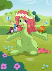 Size: 1440x1980 | Tagged: safe, artist:itstaylor-made, artist:kooner-cz, character:fluttershy, character:tree hugger, species:bird, species:earth pony, species:pony, episode:make new friends but keep discord, g4, my little pony: friendship is magic, blue jay, butterfly, dreadlocks, female, floral head wreath, hippie horse noises, mare, neigh, open mouth, orange frog, sitting, solo, underhoof, wavy mouth