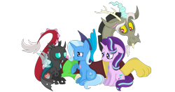 Size: 3902x2043 | Tagged: safe, artist:squipycheetah, character:discord, character:starlight glimmer, character:thorax, character:trixie, species:changeling, species:draconequus, species:pony, species:unicorn, episode:to where and back again, g4, my little pony: friendship is magic, alternate universe, cutie mark, fangs, female, floppy ears, gem, happy, heart, looking at each other, looking back, love and tolerate, male, mare, missing accessory, peace symbol, raised hoof, reformed four, shading, simple background, sitting, smiling, spread wings, transparent background, transparent wings, vector, wings